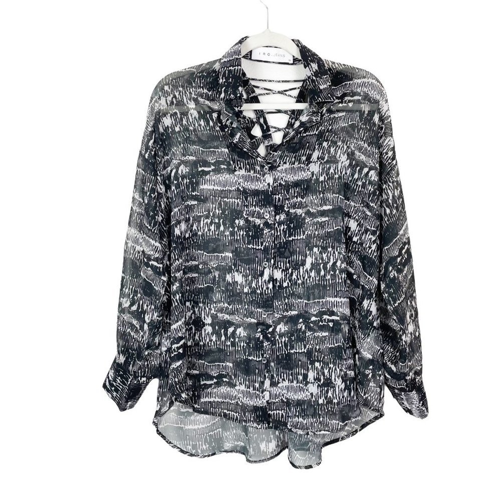 IRO Jeans Woman's Sz 36/4 Black & White Patterned Lace Up Back Semi Sheer Blouse